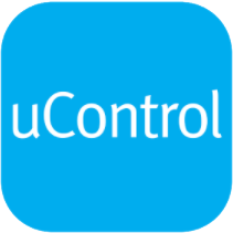 A untiron uControl logo on a blue background found at Connect Hearing in TX, FL, CA