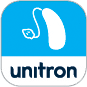 A untiron logo of a white hearing aid on a blue background above the text untiron found at Connect Hearing in TX, FL, CA