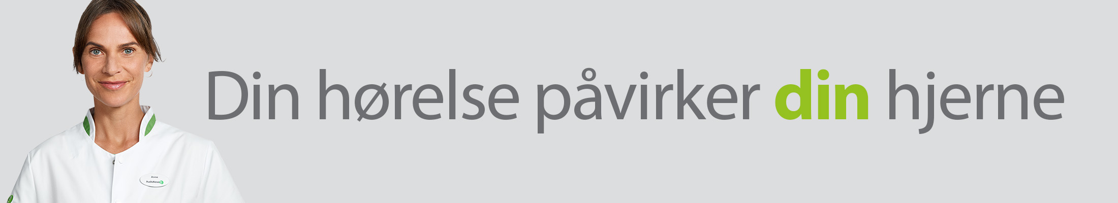 top banner på websitet, med vores audiologist og en overskrift